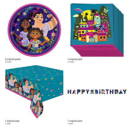 Encanto Plates, Napkins, Banner and Tablecloth Set for 16 Guests - included packs and quantities