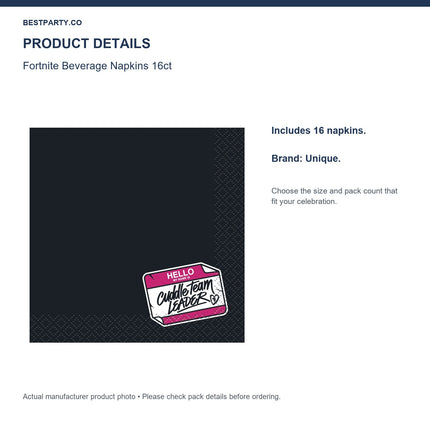 Fortnite Beverage Napkins 16ct — size and pack information