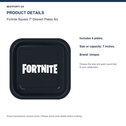 Fortnite Square 7" Dessert Plates 8ct — size and pack information