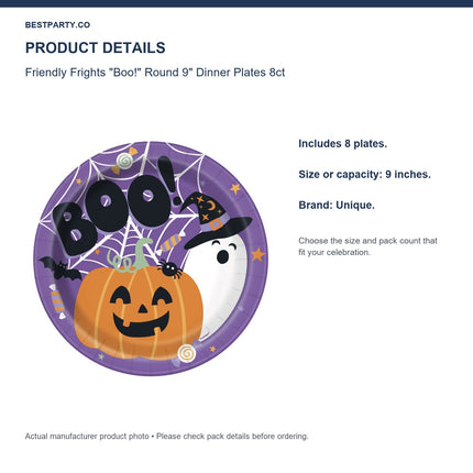 Friendly Frights "Boo!" Round 9" Dinner Plates 8ct — size and pack information