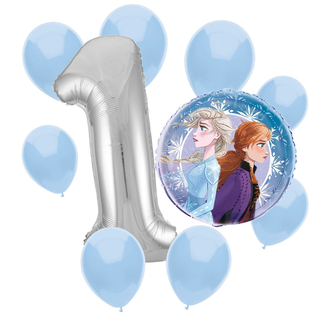 Frozen 1st birthday set main: number 1 foil, themed foil and 8 matching latex balloons