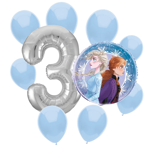 Frozen 3rd birthday set main: number 3 foil, themed foil and 8 matching latex balloons