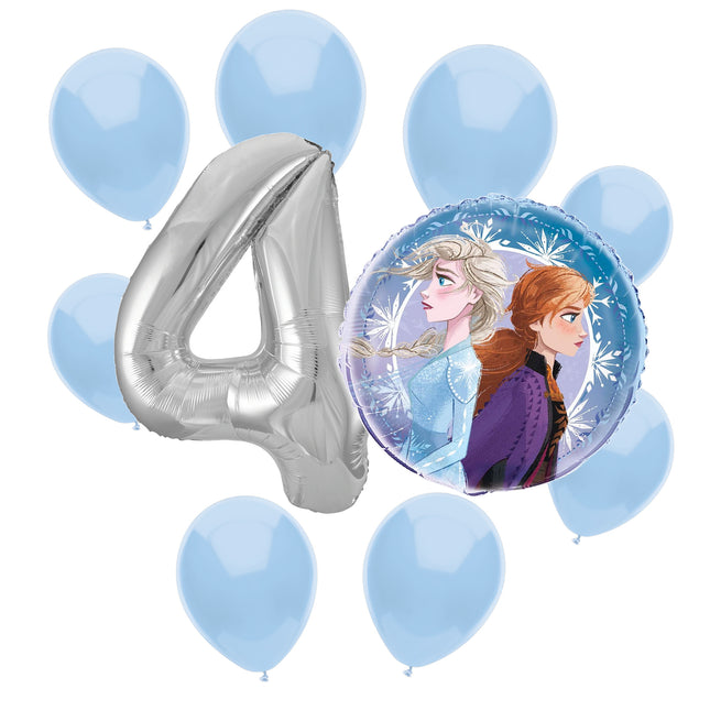 Frozen 4th birthday set main: number 4 foil, themed foil and 8 matching latex balloons