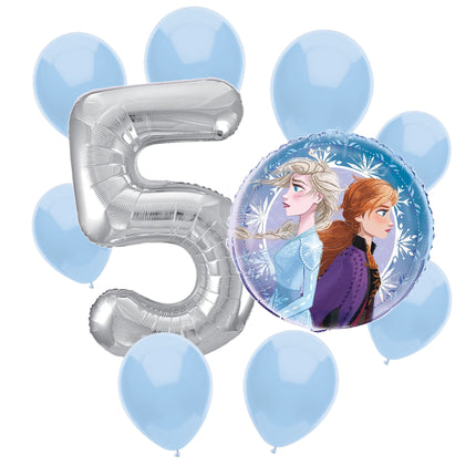 Frozen 5th birthday set main: number 5 foil, themed foil and 8 matching latex balloons