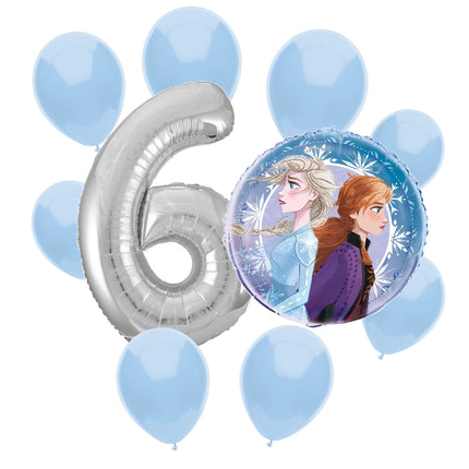 Frozen 6th birthday set main: number 6 foil, themed foil and 8 matching latex balloons