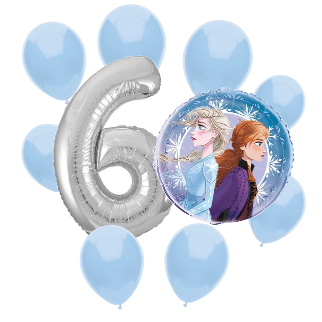 Frozen 6th birthday set main: number 6 foil, themed foil and 8 matching latex balloons