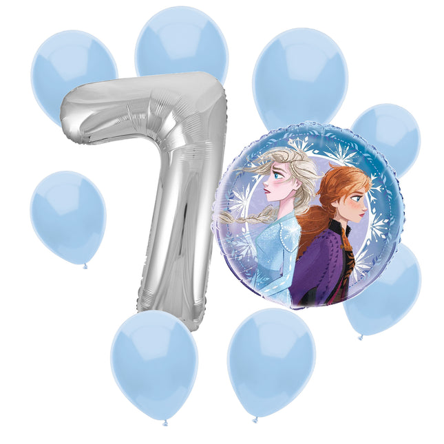 Frozen 7th birthday set main: number 7 foil, themed foil and 8 matching latex balloons