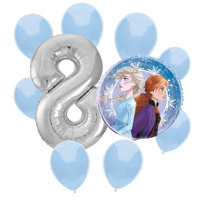 Frozen 8th birthday set main: number 8 foil, themed foil and 8 matching latex balloons