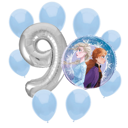 Frozen 9th birthday set main: number 9 foil, themed foil and 8 matching latex balloons
