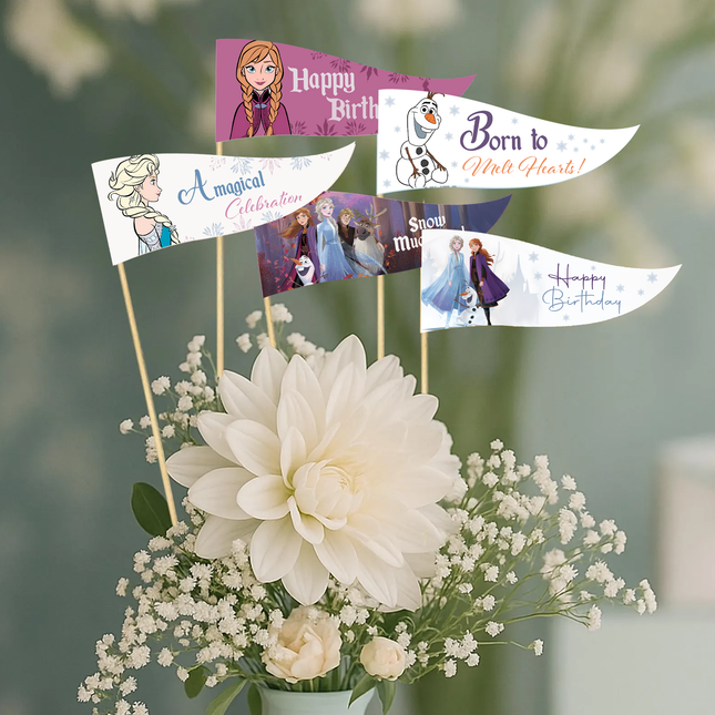 Frozen Birthday Pennant Cupcake Toppers 10 ct – Snow Princess Party Decorations