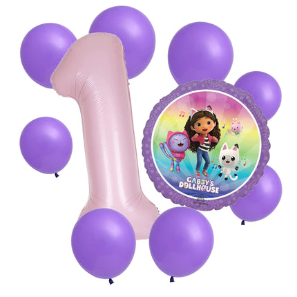 Gabby's Dollhouse 1st birthday set main: number 1 foil, themed foil and 8 matching latex balloons