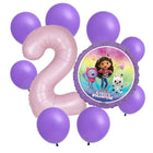 Gabby's Dollhouse 2nd birthday set main: number 2 foil, themed foil and 8 matching latex balloons