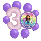 Gabby's Dollhouse 3rd birthday set main: number 3 foil, themed foil and 8 matching latex balloons