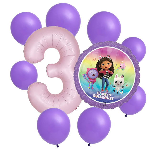 Gabby's Dollhouse 3rd birthday set main: number 3 foil, themed foil and 8 matching latex balloons