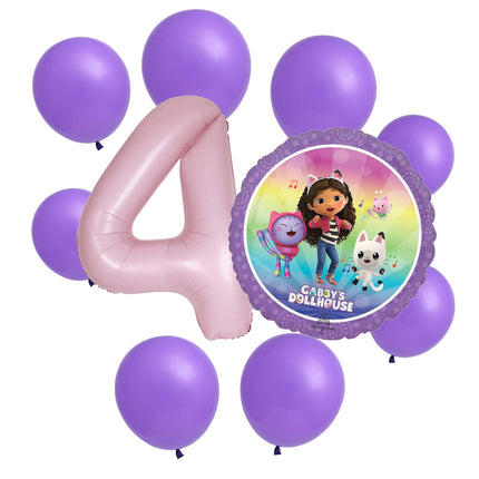 Gabby's Dollhouse 4th birthday set main: number 4 foil, themed foil and 8 matching latex balloons