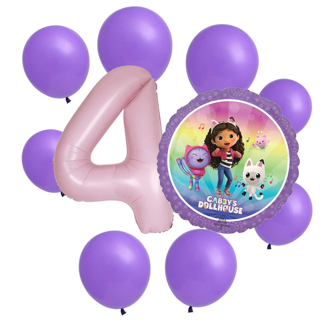 Gabby's Dollhouse 4th birthday set main: number 4 foil, themed foil and 8 matching latex balloons
