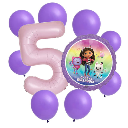 Gabby's Dollhouse 5th birthday set main: number 5 foil, themed foil and 8 matching latex balloons