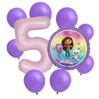 Gabby's Dollhouse 5th birthday set main: number 5 foil, themed foil and 8 matching latex balloons