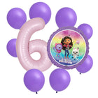 Gabby's Dollhouse 6th birthday set main: number 6 foil, themed foil and 8 matching latex balloons