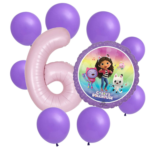 Gabby's Dollhouse 6th birthday set main: number 6 foil, themed foil and 8 matching latex balloons