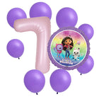 Gabby's Dollhouse 7th birthday set main: number 7 foil, themed foil and 8 matching latex balloons