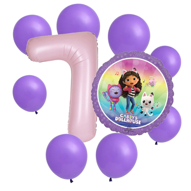 Gabby's Dollhouse 7th birthday set main: number 7 foil, themed foil and 8 matching latex balloons