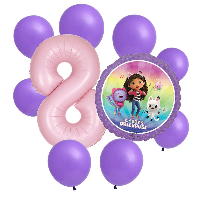 Gabby's Dollhouse 8th birthday set main: number 8 foil, themed foil and 8 matching latex balloons