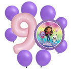 Gabby's Dollhouse 9th birthday set main: number 9 foil, themed foil and 8 matching latex balloons