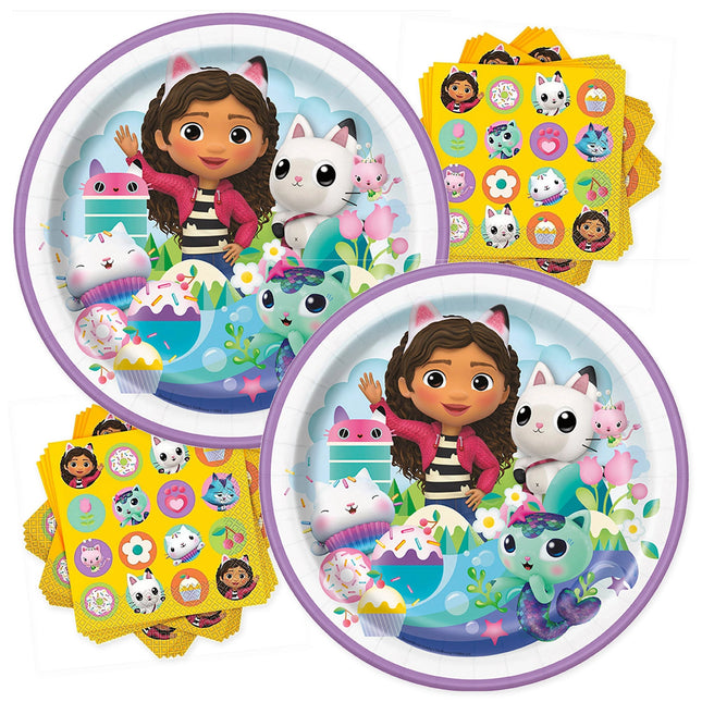 Gabby's Dollhouse Dinner Plates and Napkins Set for 16 Guests - coordinated party set