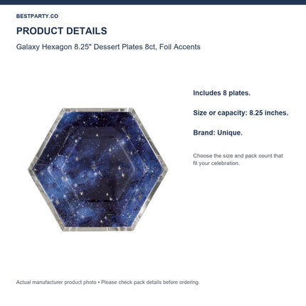 Galaxy Hexagon 8.25" Dessert Plates 8ct, Foil Accents — size and pack information