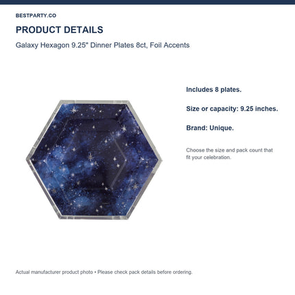 Galaxy Hexagon 9.25" Dinner Plates 8ct, Foil Accents — size and pack information