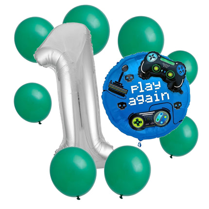 Gamer 1st birthday set main: number 1 foil, themed foil and 8 matching latex balloons