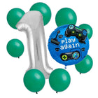Gamer 1st birthday set main: number 1 foil, themed foil and 8 matching latex balloons