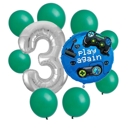 Gamer 3rd birthday set main: number 3 foil, themed foil and 8 matching latex balloons
