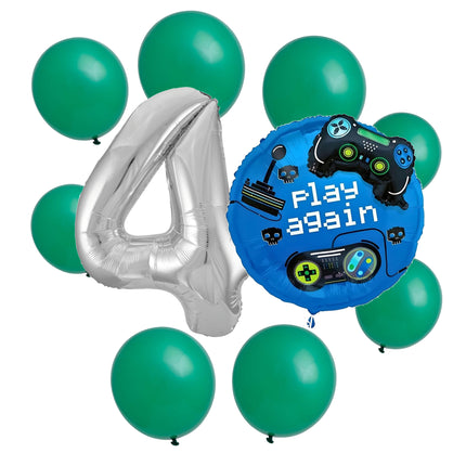 Gamer 4th birthday set main: number 4 foil, themed foil and 8 matching latex balloons