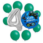 Gamer 4th birthday set main: number 4 foil, themed foil and 8 matching latex balloons
