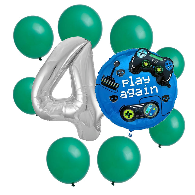 Gamer 4th birthday set main: number 4 foil, themed foil and 8 matching latex balloons