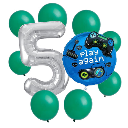 Gamer 5th birthday set main: number 5 foil, themed foil and 8 matching latex balloons
