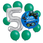 Gamer 5th birthday set main: number 5 foil, themed foil and 8 matching latex balloons