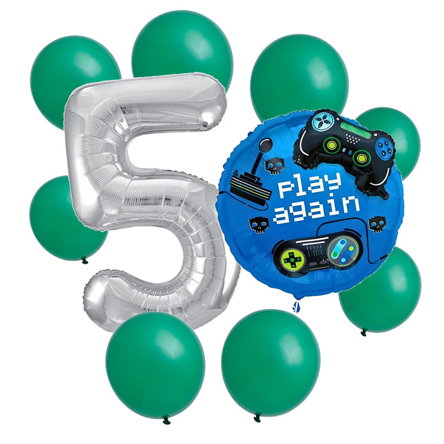 Gamer 5th birthday set main: number 5 foil, themed foil and 8 matching latex balloons