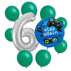 Gamer 6th birthday set main: number 6 foil, themed foil and 8 matching latex balloons