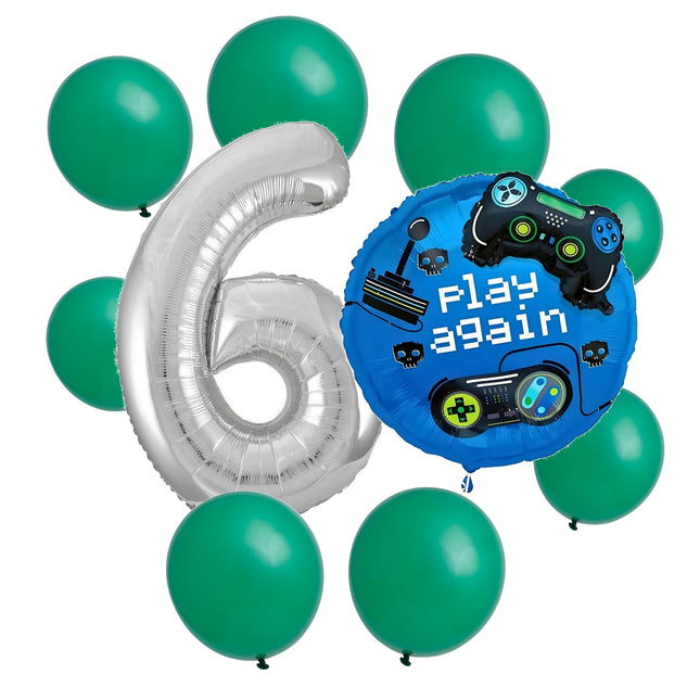 Gamer 6th birthday set main: number 6 foil, themed foil and 8 matching latex balloons