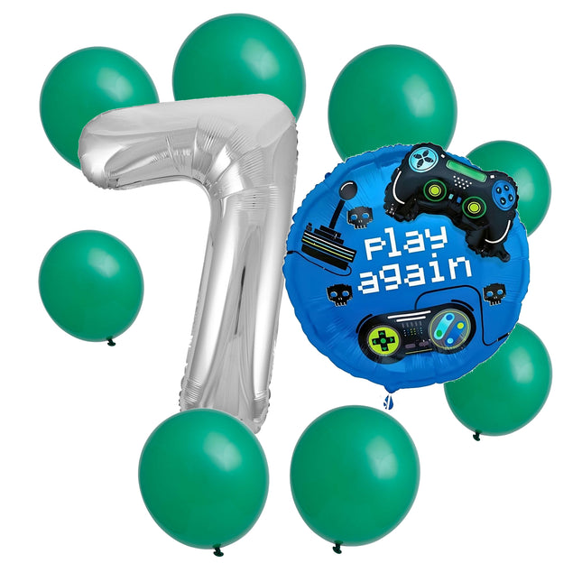 Gamer 7th birthday set main: number 7 foil, themed foil and 8 matching latex balloons