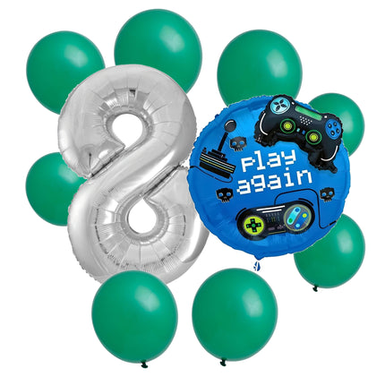 Gamer 8th birthday set main: number 8 foil, themed foil and 8 matching latex balloons