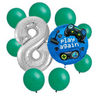 Gamer 8th birthday set main: number 8 foil, themed foil and 8 matching latex balloons