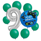 Gamer 9th birthday set main: number 9 foil, themed foil and 8 matching latex balloons