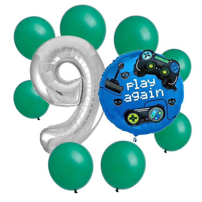 Gamer 9th birthday set main: number 9 foil, themed foil and 8 matching latex balloons