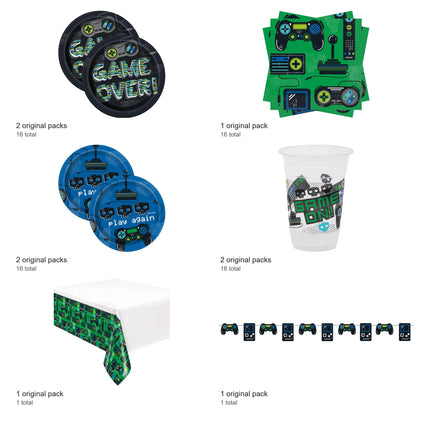 Gamer Coordinated Party Supplies Set for 16 Guests - included packs and quantities