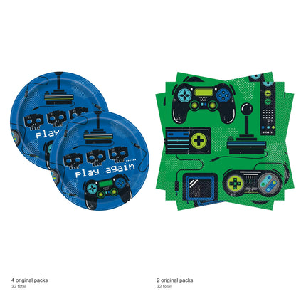 Gamer Dessert Plates and Napkins Set for 32 Guests - included packs and quantities