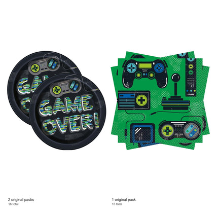 Gamer Dinner Plates and Napkins Set for 16 Guests - included packs and quantities